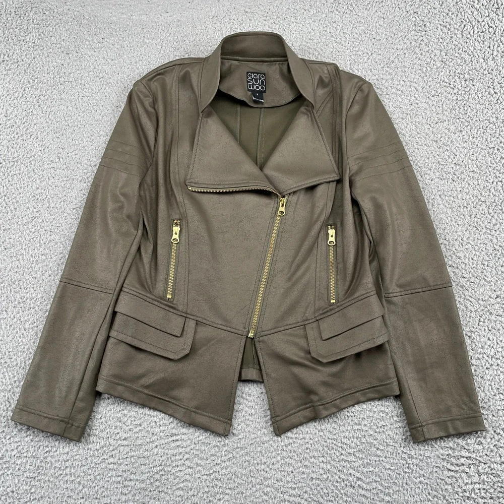 Clara Sunwoo Moto Jacket Womens Small Brown Asymmetrical Zip Faux Leather Coat